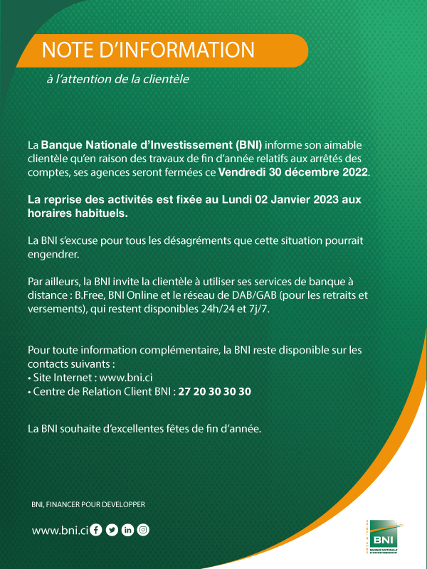 NOTE DINFORMATION ARRETES DES COMPTES