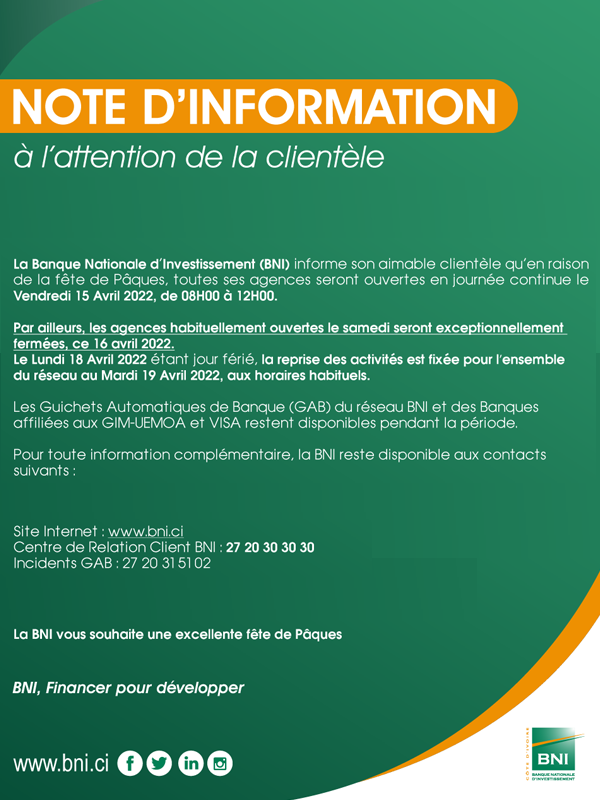 NOTE D'INFORMATION FÊTE DE PÂQUES 2022